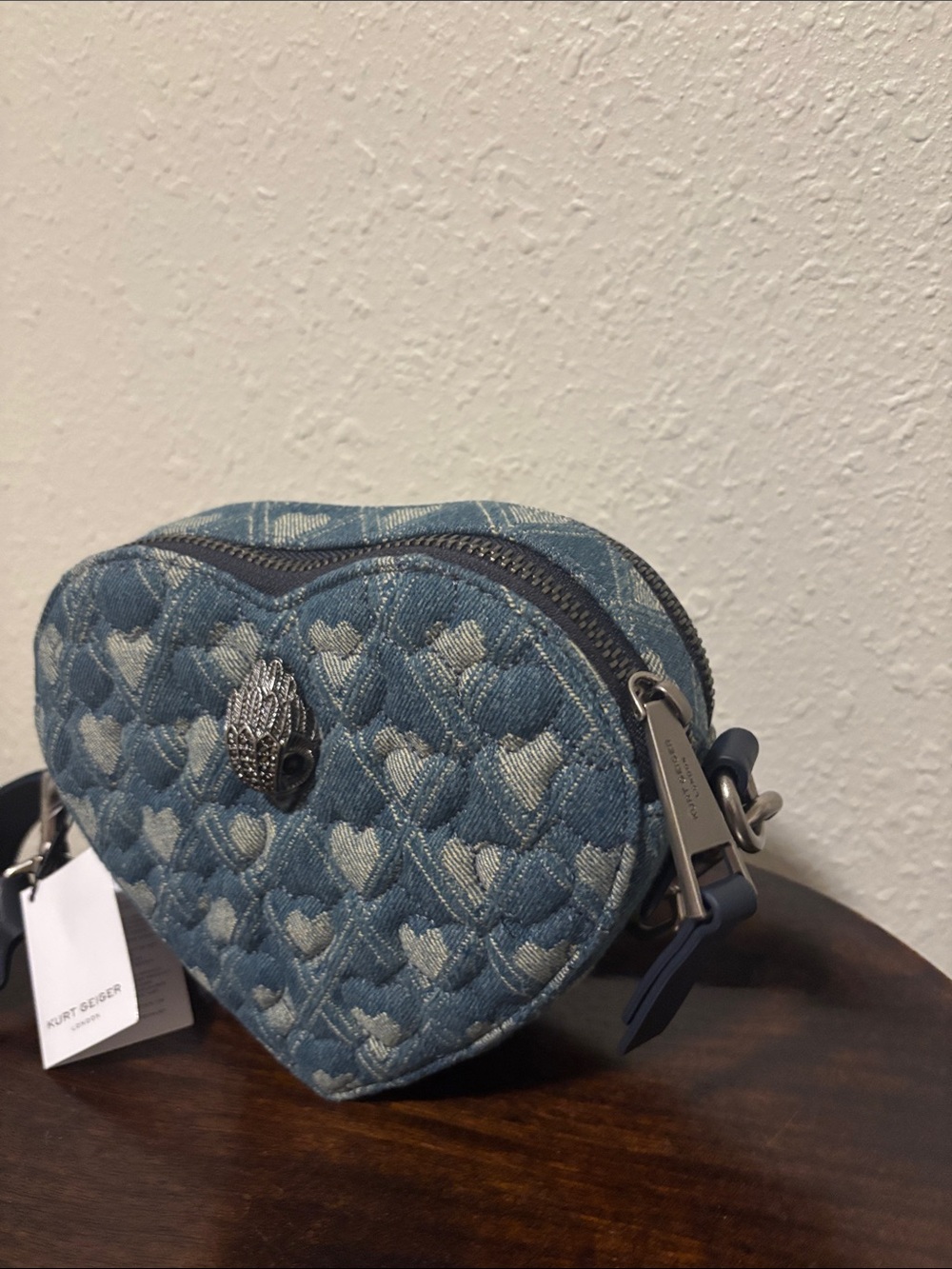 Kurt Geiger Blue Heart Quilted Denim Crossbody Bag - Picture 4 of 10